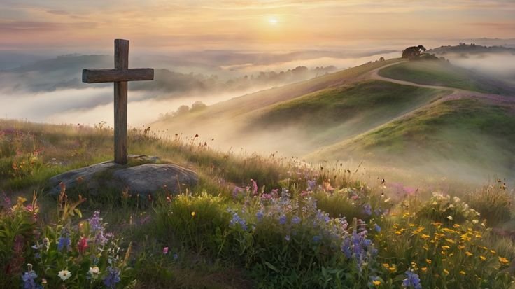 Imagen de la cruz en un prado