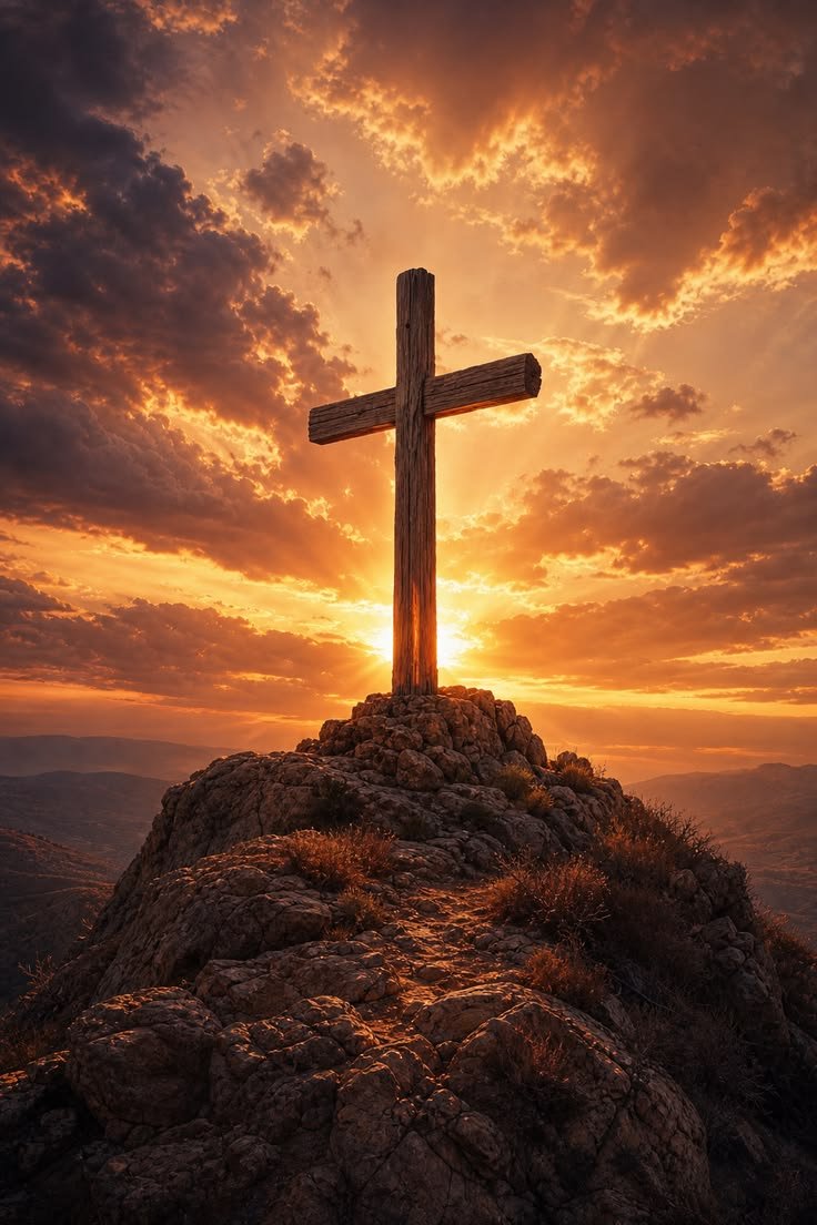 Cruz en el una montaña en el atardecer portada de Devocionales Cristianos Diarios