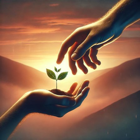 Manos que sirven y crece una planta