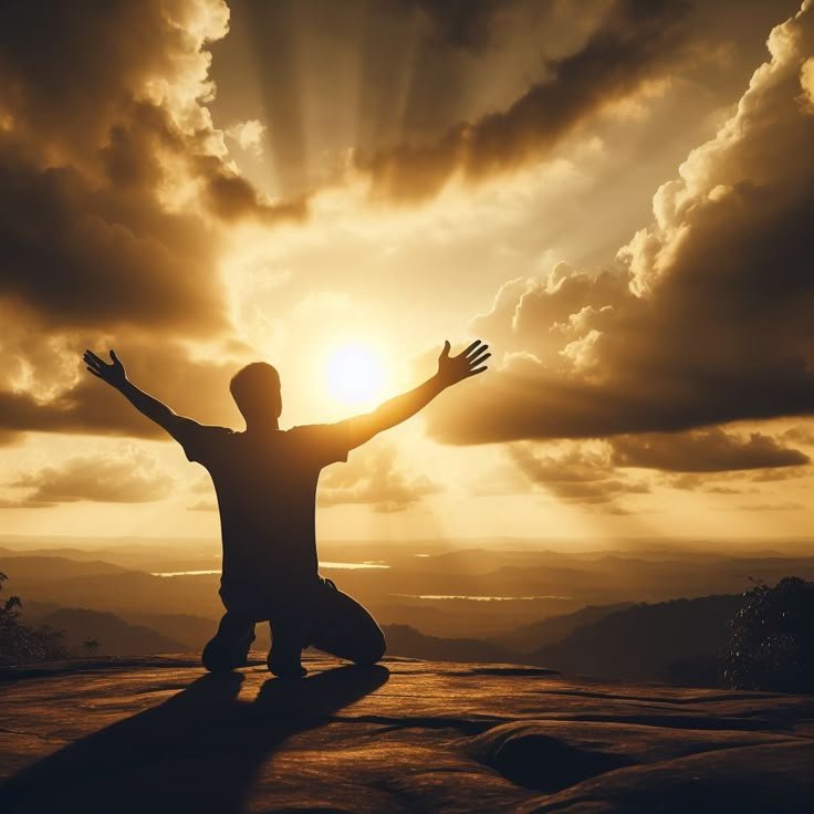 Hombre postrado con los brazos extendidos hacia el cielo, portada de Devocionales Cristianos Diarios